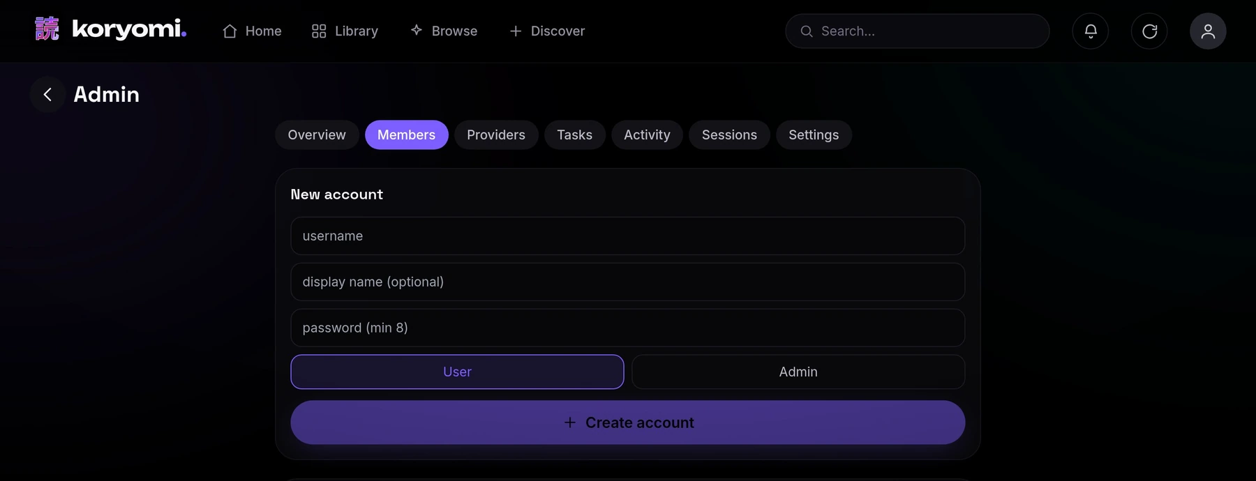 Koryomi admin panel: members, roles and permissions