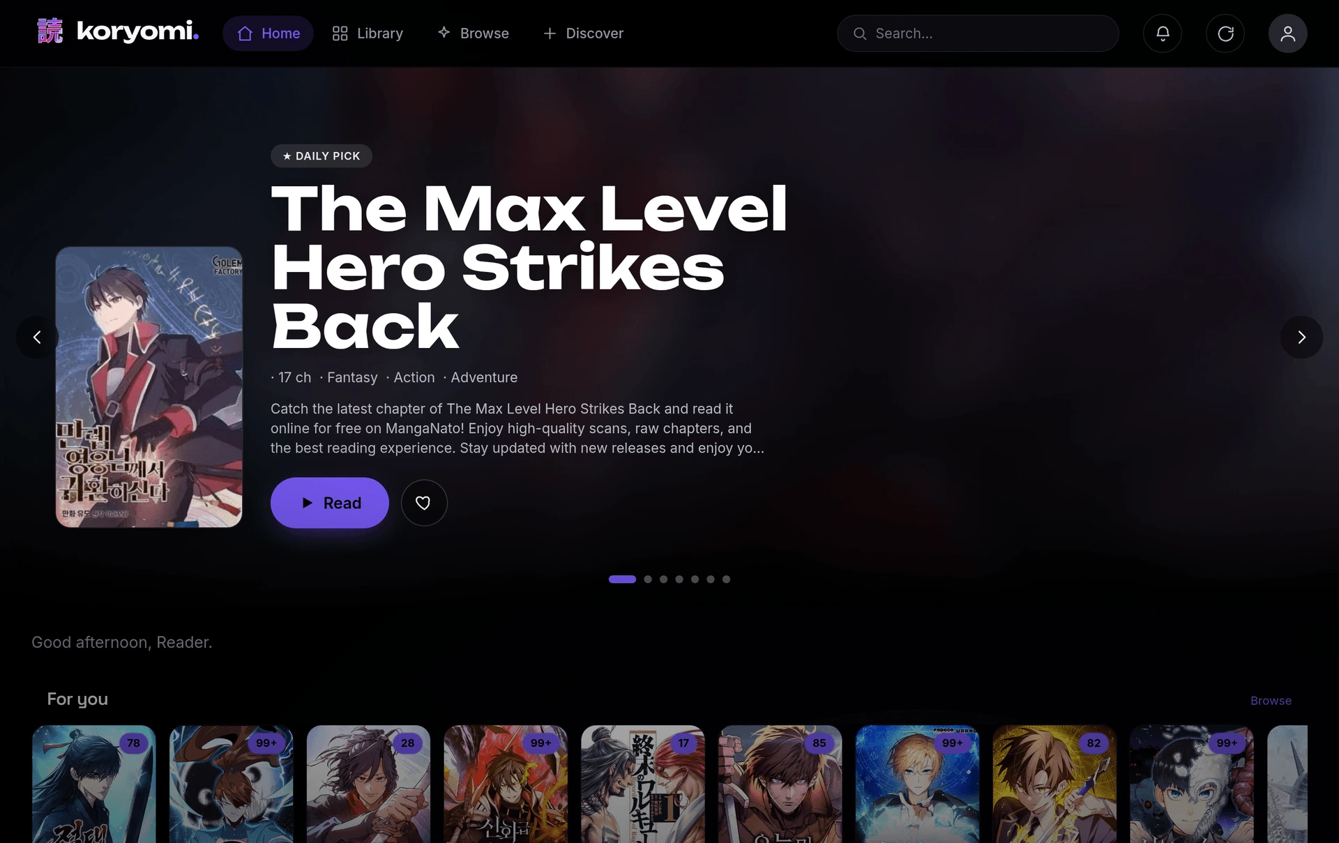 Koryomi home screen with a daily-picked series and recommendation rails